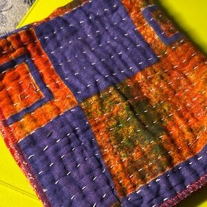 Hand-stitched Quilt Patch - Purple & Burnt Orange Kantha bandanna